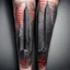 Placeholder: dramatic tattoo of NYC Twin Towers, text "FDNY" and "9-11", American flag motif, stylish modern tattoo, hyperreal, dynamic composition, complex contrast, cgsociety, sfumato