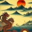 Placeholder: Ukiyo-e art, dragon, mountains, sun