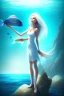 Placeholder: long hair fish lady with white top set on the rock in the ocean
