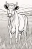 Placeholder: coloring page, cow in a grassy meadow, cartoon style, thick lines, low detail, no shading