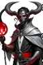 Placeholder: En Young male black skin black hair tiefling Wizard with large horns fra dnd. a book with Arcane Magic floating in front of him. in a silver and White Rope and a silver cloak. His horn a perfectly place on acet from the front to the back pointing upwards with glowing Red cat Eyes. His close is elegant get simple. Casting and ice spell