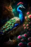 Placeholder: Create a picture of a strange colorful peacock standing near its twigs of branches and flowers lying on the river bank, decorated with flowers, highly detailed, maximalist, dreamy setting, high fine defined details, sharp, high resolution HDR 8x Modifiers: crisp quality Joris Hoefnagel Antonis Fylladitis velvety Lawrence alma tadema