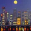 Placeholder: There is a full moon over the tall buildings in Seoul, night scene. Oil painting.