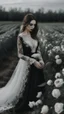 Placeholder: black lace scarf and dirty white wedding dress in a field of white roses.cinematic picture