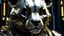 Placeholder: dark portrait of a detailed chrome & gold cyborg panda on a low gravity world. alien mega structures everywhere. futuristic. photoreal