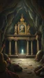 Placeholder: Bosch painting style , An amazing temple with a great status all around in un underground dark cave