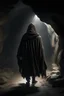 Placeholder: a man in the Middle Ages in a long cloak and hood walks through a dark cave with his back to us
