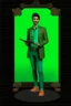 Placeholder: Modern guy, 20s, holding "ipad" in left hand, looks like a renaissance painting, walking forward, full body, "persian green", "right hand in pocket". "Front facing" "forward view"