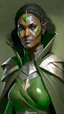 Placeholder: A tall human woman with tanned skin. Her face, marked by the years, always has a smirk on it, showing her superiority in the eyes of the others. She is dressed in grey armor and wears a half-green cape.