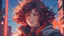 Placeholder: (90s anime style)) Huntress with blow out fade curly haircut, close up, fiery eyes, 8K HD, modern anime movie still frame, epic vibrant composition, reference to artists like Hiroyuki Imaishi for dynamic and vibrant compositions, Makoto Shinkai for detailed backgrounds and lighting, Ukiyo-e inspired color schemes for depth and atmosphere, dynamic perspective, detailed environmental textures, atmospheric effects, vivid and balanced color palette, Hiroyuki Imaishi's signature kinetic energy and bo