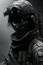 Placeholder: A soldier in the game modern warfare, he wears a solid black creepy helmet that covers his face. He is a sniper, but can also run point. His call sign is Wraith. With him is a woman