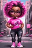 Placeholder: create an airbrush illustration of a chibi cartoon voluptuous black female. Wearing a hot pink t-shirt and tight black jeans with hot pink Nike sneakers. Prominent make up with hazel eyes and she is wearing pink glasses. Extremely Highly detail of a very low platinum shiny pixie haircut. Background of a busy city street.