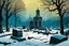 Placeholder: create a fine art print illustration of an old Jewish cemetery with numerous leaning and broken headstones ,highly detailed rough stonework, surrounded by ancient oak trees, in the old city of Krakow, under a bleak winter sky at midnight , in the comic book art style of Bill Sienkiewicz, and Jean Giraud Moebius, finely textured, drawn, colored, and inked