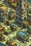 Placeholder: Pixel art computer game, defined pixels, 128 pixel high, steam punk town, birds eye view, detailed, lots of metal pipes, multiple buildings
