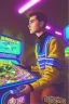 Placeholder: a millineal teenage boy is playing video arcade games, bright colored clothes from the 90s, hairstyles of that time, comic style