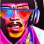 Placeholder: a realistic portrait of Jimi Hendrix at a turntable with headphones on being a DJ, vivid color, with sunglasses