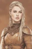 Placeholder: A drawing of beautiful woman with blond hair, viking braids, undercut. Brown leather armor.