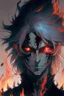 Placeholder: Anime with wight hair and black clothes and power fire and eyes of sharengan and good face and blood in face