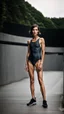 Placeholder: beautiful anorexic woman, total shot, short anthracite triathlon swimsuit, short brunette wavy bob hair, blurred concrete background