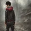 Placeholder: just a distant japanese boy, photo from behind, black hair, sitting on floor, akira red jacket with pill in the back, post apocalyptic, rain, extremely detailed, extremely realistic