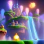 Placeholder: New map by super mario 3d land with waterfalls, 3d, high detail, symbols, 4k, ray traing, render, future punk, steam punk, magic in blue colors, no other place