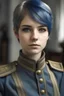 Placeholder: jeune femme 18 ans, petit, cheveux bleu dans une tenue militaire noble de style impérial