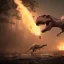 Placeholder: huge tyrannosaurus rex Giant dinosaurs falling down, being killed by fire wind, ripping flesh off them, swamp, small animals dieing