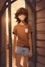 Placeholder: 15 year old young boy with lightly tanned skin and brown hair wearing a teeshirt, standing by a door, smiling, Fantasy