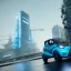 Placeholder: Renault Zoë, futuristic city, blue,