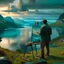 Placeholder: Long shot of an 18th century painter painting on an easel in nature taken from behind, in the background of a fjord in Norway with turquoise water, forested mountains reflected in the fjord, cloudy sky, sunset time, hyperrealistic shot, wide lens, 24K