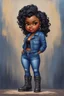 Placeholder: n this expressive oil painting illustration, we encounter a chibi cartoon rendition of a voluptuous black female exuding confidence and style. She stands proudly in her blue jean outfit, the denim fabric hugging her curves in all the right places. Her attire is completed by a pair of sleek biker boots, adding a touch of edginess to her ensemble. The character's face is adorned with prominent makeup, enhancing her features with bold colors and sharp lines. Her hazel eyes sparkle with a hint of m