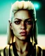 Placeholder: portrait, Shakira, blonde artist, angry, Realistic image, MMA robe, hoodie, mouthguard, nose, band aid, loose long hair, eyes make up, line gold make up, glow, circle iris. Rain, fog, Neon colors, leds. Dark background, photo studio, concept art, smooth, unreal engine 5, god lights, ray tracing, RTX, lumen lighting, ultra detail, volumetric lighting, 3d, finely drawn, high definition, 4k.