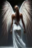 Placeholder: full body woman angel from back wings coming from her back, angel wearing long tunic hyper realistic