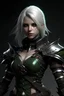 Placeholder: Female rogue assassin white hair black flower green eyes sexy leather armor