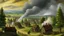 Placeholder: A medieval European Hamlet being raided, smoke, wooded countryside, farmland ,realistic, medieval, painterly, Bob Ross painting