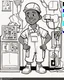 Placeholder: coloring page, depicting a black boy as a Electrician, full body, outline, black and white, highly defined, well defined, white background, empty background, cartoon style, coloring book style