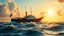 Placeholder: a big ship in oecieon in powerfull waves ,a beautiful sun set and dreamy clouds , young couple dancint on deck and flowers flows from deck to water