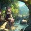 Placeholder: anime girl meditating, rock trees, birds, creek