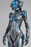 Placeholder: A biomechanical futuristic full body fashion model in a metal silver/blue armored dress, adorned with clear printed hieroglyphic symbols, microchip designe, futuristic headset, Fashion show background, energy, molecular, mecha, future fashion