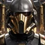 Placeholder: star wars bald male corellian pilot wearing pearlescent black and gunmetal grey First Order special forces heavy assault stealth commando armor and helmet with gold trim inside the jedi temple, hyperdetailed, dynamic lighting, hyperdetailed background, 8k resolution, volumetric lighting, light skin, fully symmetric details