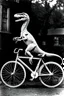 Placeholder: Velociraptor riding a bicycle in 1873. Photograph.