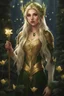 Placeholder: Dark green hair,Rapunzel hair,golden armor,night,sparkle,lily of the valley,ivy,elven warrior,elven ears,burgundy,green,gold,elven crown,extremely long hair