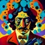 Placeholder: Surreal and whimsical portrait of a person with pistol barrels instead of eyeballs, abstract art style, vibrant colors, intricate details, long shot, by Salvador Dali and René Magritte.