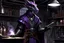 Placeholder: a black and purple, female argonian artificer who uses Tesla coils, skinny, wearing little armor and a cloak, in her lab