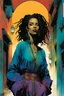 Placeholder: create an imaginative print illustration of a female, ornately dressed Moroccan sorceress with finely detailed facial features, short dreadlock hair, in the backstreets of Casablanca, in the comic book art style of Bill Sienkiewicz, Mike Mignola, and Jean Giraud Moebius, finely textured, drawn, colored, and inked