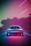 Placeholder: schönes foto von einem chromlackierten dodge challenger in heckansicht der auf einem highway richtung horizont fährt,miami vice, miami, neon ligths,chrome, synthwave, retro, high detailed,unreal engine, octane render, photo realistic, viele palmen, komplementärfarben