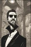 Placeholder: strange priest wearing sunglasses who looks like Hans Gruber with a judgmental look on his face comic book style