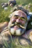 Placeholder: Close up photography, 35mm lens lens, a happy smiling muscular Sardinian shepherd burly chubby man 58 years old, lying down in the meadow near a little tree, ugly and dirty, bullneck, manly chest, in tank top and overalls, wild white beard, ambient occlusion, strong sunshine, emotive eyes, misery and poverty, side view