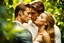 Placeholder: handsome man with light brown hair, tall muscular rugged handsome, holding a beautiful delicate sweet young woman with honey colored hair, close up shot, romantic, fine details, high resolution, attention to detail, eyes open, standing in front of a background with dense green foliage and vines