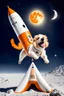 Placeholder: white and orange dog flies to the moon on top of the a rocket